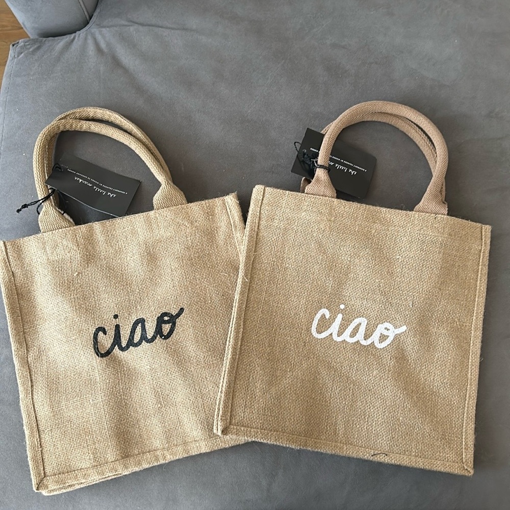 8 Ciao jute gift totes (4 white lettering, 4 black lettering) 12” x 12”